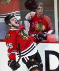 Chicago Blackhawks' Andrew Shaw celebrates his first period goal against the Los Angeles Kings in Game 2 of their NHL Western Conference finals playoff hockey game in Chicago